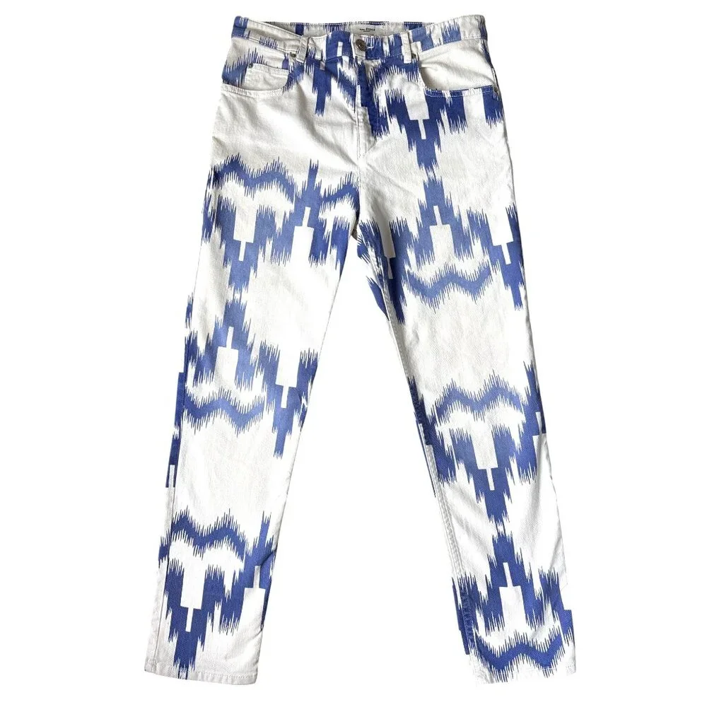 Isabel Marant Étoile Jeans Denim Lanea Trousers Pants Ikat Size 36 / 4 White Blu
